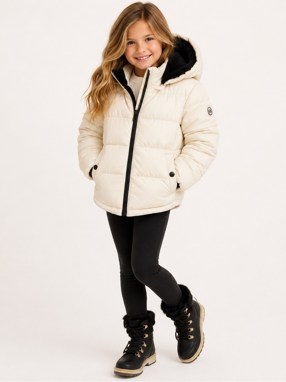 Michael Kors Girls Cream Puffer Coat Faux Fur Hood 6X NWT